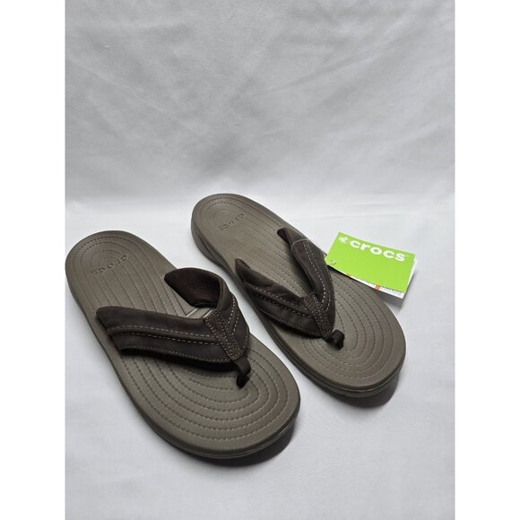 Crocs Yukon Mesa Sandals Men's 11 Brown Leather Comfort Thong Flip Flops- NWT - Picture 1 of 8
